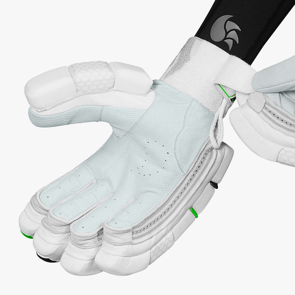 DSC Spliit Players cricket batting gloves, official close-up of leather palm and adjustable wrist fastening