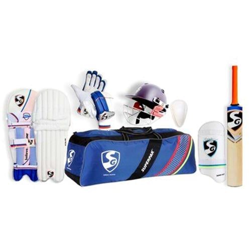 SG youth hard-ball cricket kit with bat, pads, gloves, helmet and bag