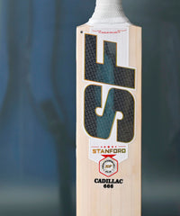 SF Cadillac 666 cricket bat, close-up of the model name and blade graphics