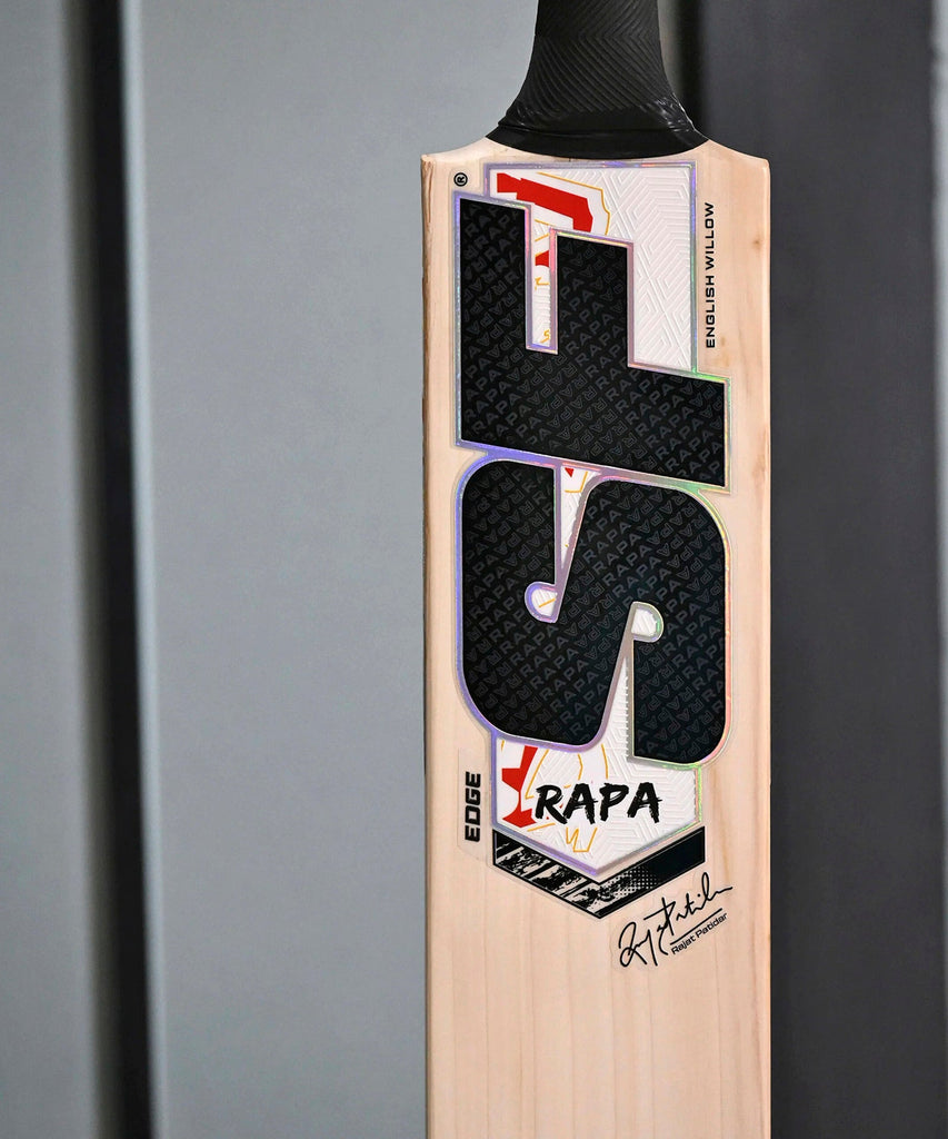 SF Rapa Edge cricket bat, close-up of model branding and blade