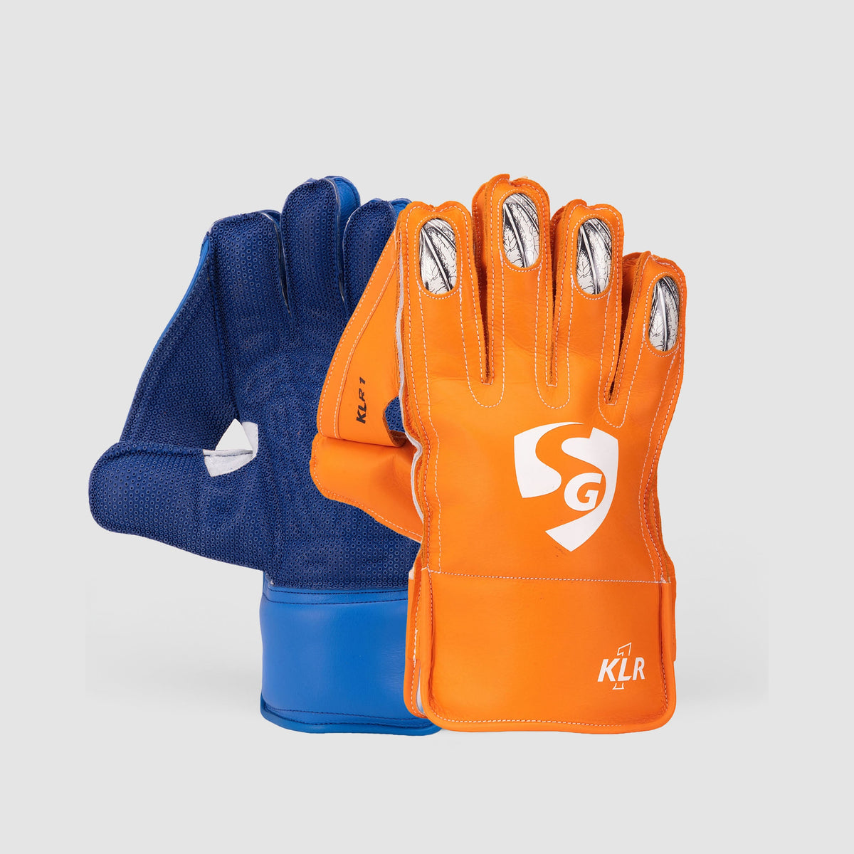 SG KLR 1 Adult wicketkeeping gloves in Blue/Orange, pair view