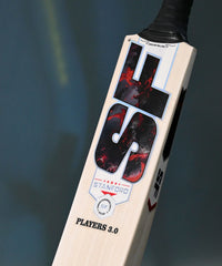 SF Players 3.0 cricket bat, close-up of model name and blade graphics