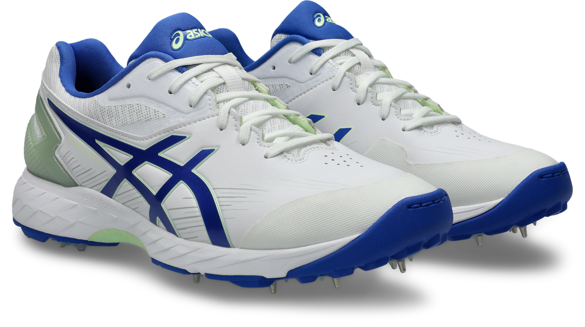 ASICS 350 Not Out FF Cricket Spikes - White/Neon Blue front view