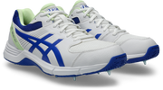 ASICS GEL-100 Not Out Cricket Spikes - White/Neon Blue front view