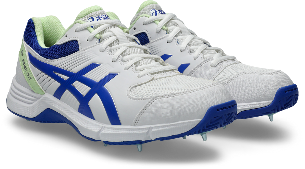 ASICS GEL-100 Not Out Cricket Spikes - White/Neon Blue front view