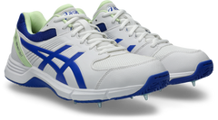 ASICS GEL-100 Not Out Cricket Spikes - White/Neon Blue front view