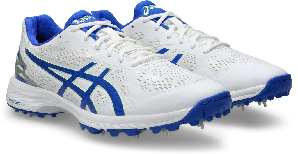 ASICS Quick Single FF Cricket Spikes - White/Neon Blue front view