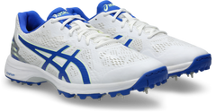 ASICS Quick Single FF Cricket Spikes - White/Neon Blue front view
