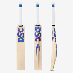 DSC BLU Maverick Short Handle English willow cricket bat shown from the front, rear and side