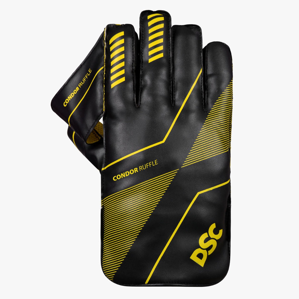 DSC Condor Ruffle adult wicketkeeping glove opposite back view with black fingers and yellow stripes