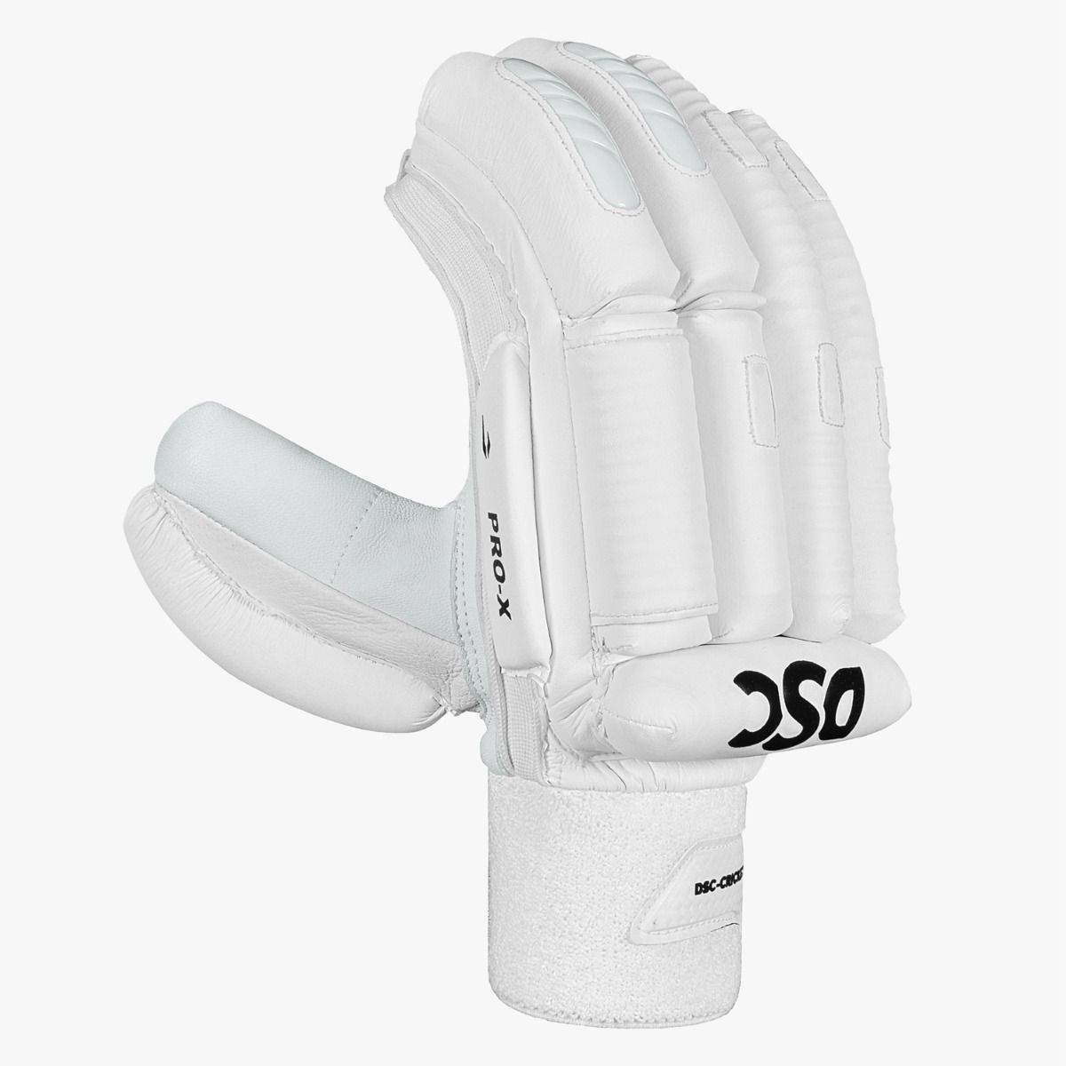 DSC Pro X cricket batting glove with white padded fingers and wrist cuff