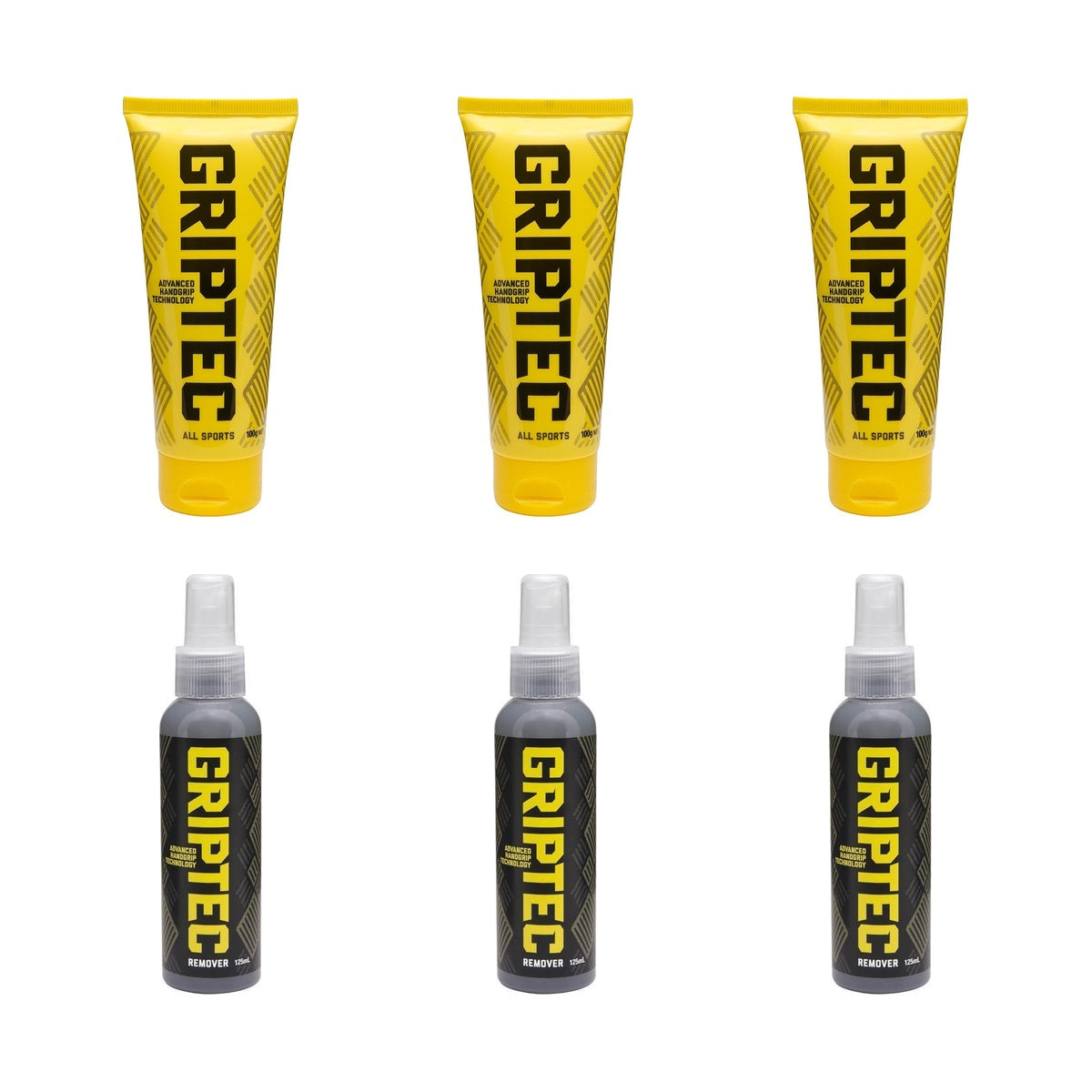 Griptec team pack showing three paste tubes and three remover bottles