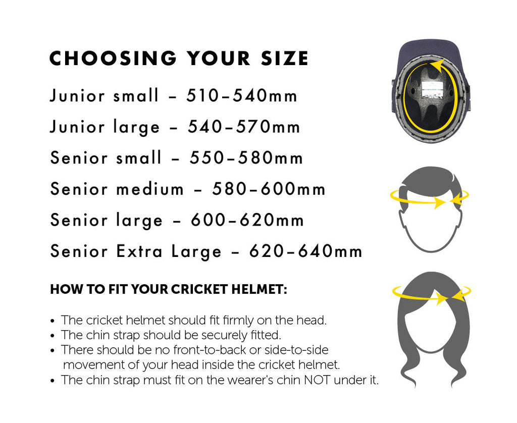 Masuri senior cricket helmet size guide Small Medium Large