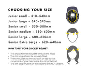 Masuri T-Line Plus senior cricket helmet size guide Small Medium Large