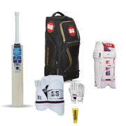 SS Super Premium kit — real SS bat, bag, pads, gloves, Aerolite thigh guard and Griptec; inners and grips not pictured. Helmet sold in With Helmet options.